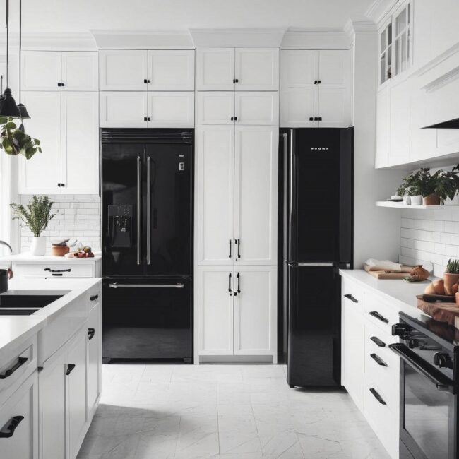 Klasyczna biała kuchnia z czarnym sprzętem kuchennym