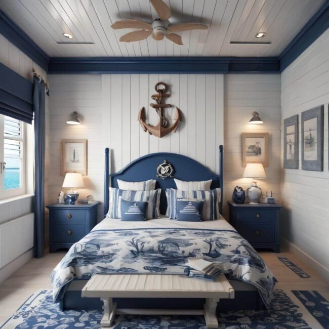 Wzory w pasy w sypialni marynistycznej